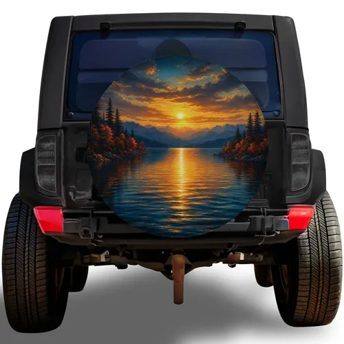 Golden Sunset Lake Reflection For RV Camping, Trailer Travel And Mountain Road Trips Spare Tire Cover