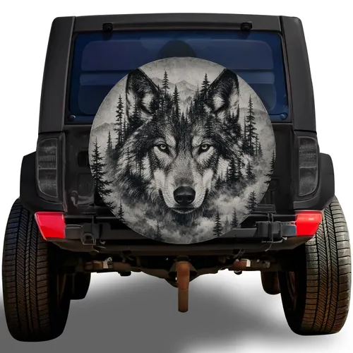 Monochrome Wolf Forest Portrait For Off Road Adventure SUV Truck Camping Enthusiasts Spare Tire Cover