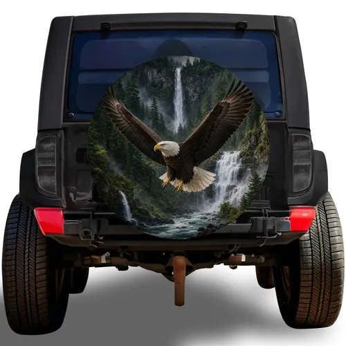 Majestic Bald Eagle Over Forest Waterfalls For Nature Loving Outdoor Road Trip Enthusiasts Spare Tire Cover