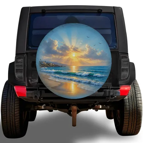 Golden Ocean Beach Sunset With Rolling Waves For Coastal Road Trip Adventure Lovers Spare Tire Cover