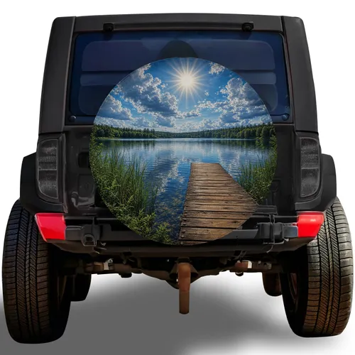 Sunlit Summer Lake Dock And Forest Sky Scene For Outdoor Road Adventure SUVs And Campers Spare Tire Cover