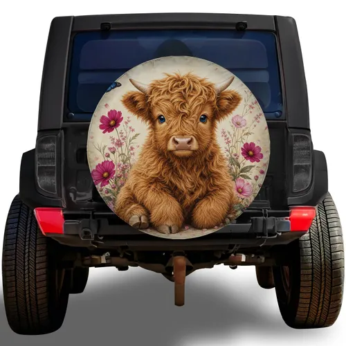 Highland Calf And Wildflowers For Country Road Trips And Rustic Farmhouse Lovers Spare Tire Cover