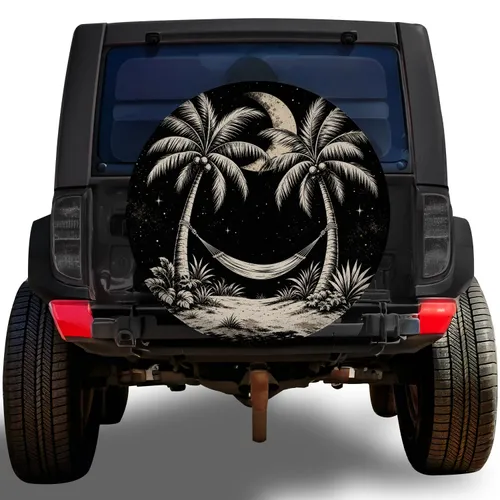 Moonlit Palm Tree Hammock Island For Beach Camping And Tropical Adventure Lovers Spare Tire Cover