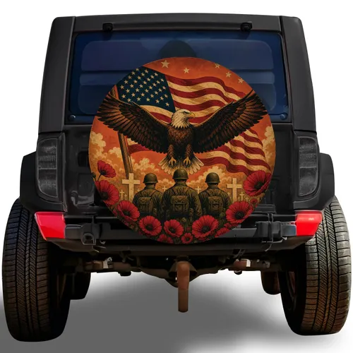 Bald Eagle American Flag Memorial Poppies For Veterans Day Patriotic Jeep Owners Spare Tire Cover