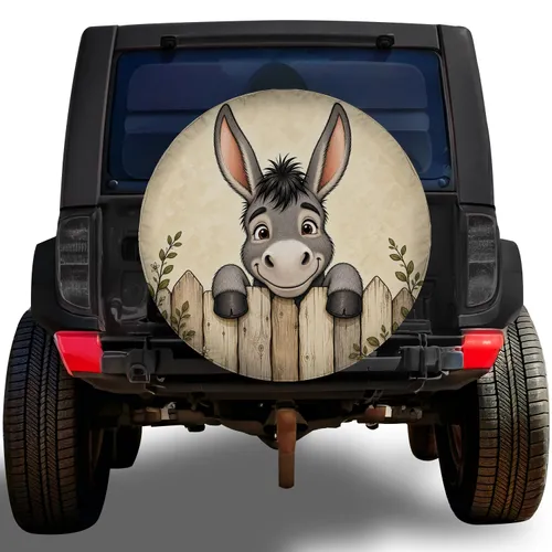 Cute Donkey Peeking Over Rustic Fence for Camping, Farm Lovers and Country Road Trips Spare Tire Cover