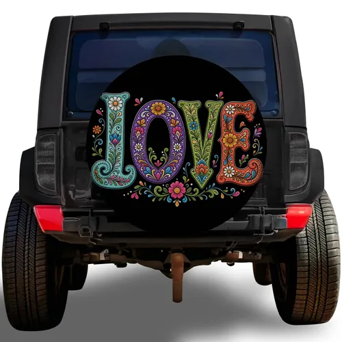 Ornate Floral LOVE Lettering for Boho Road Trips and Adventure Loving Outdoor Campers Spare Tire Cover