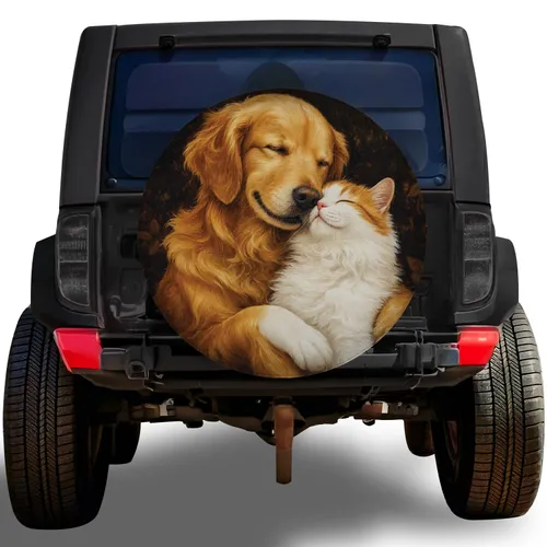 Golden Retriever And Ginger Cat Cuddle For Warm Cozy Pet Lovers Road Trip Adventures Spare Tire Cover