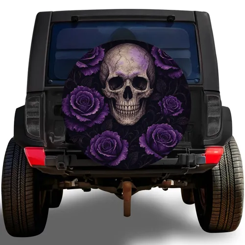 Purple Rose Skull Gothic Halloween Decor for Hearse Lovers and Dark Romantic Style Spare Tire Cover