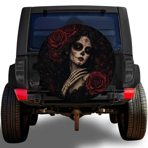 Day Of The Dead Rose Skull Woman Gothic Road Trip Style For Halloween Jeep Drivers Spare Tire Cover