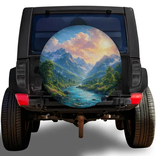 Mountain River Valley Sunrise Scenic Outdoor Adventure Gift For Off Road Drivers Spare Tire Cover