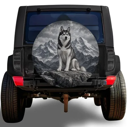 Siberian Husky Alpine Mountain Scene For Off Road Adventure And Winter Road Travel Spare Tire Cover