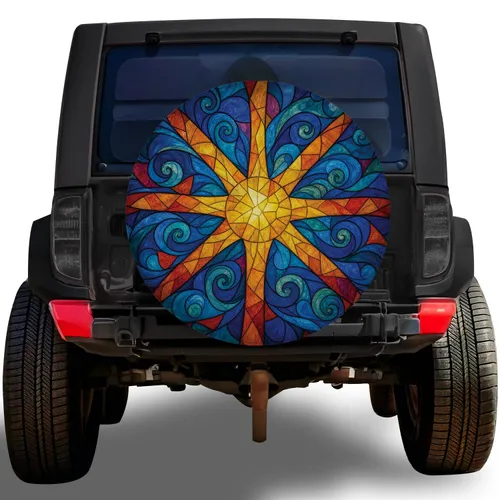 Stained Glass Sunrise Mosaic For Outdoor Road Trips, Camping, And Adventure Lovers Spare Tire Cover