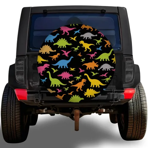 Colorful Dinosaur Silhouettes For Jeep RV Camping Adventures And Prehistoric Fans Spare Tire Cover