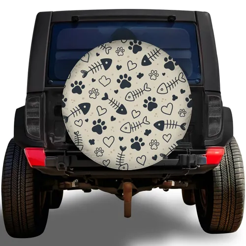Playful Cat Paws Hearts And Fish Skeletons For Pet Lovers Road Trip SUV Camping Travel Spare Tire Cover