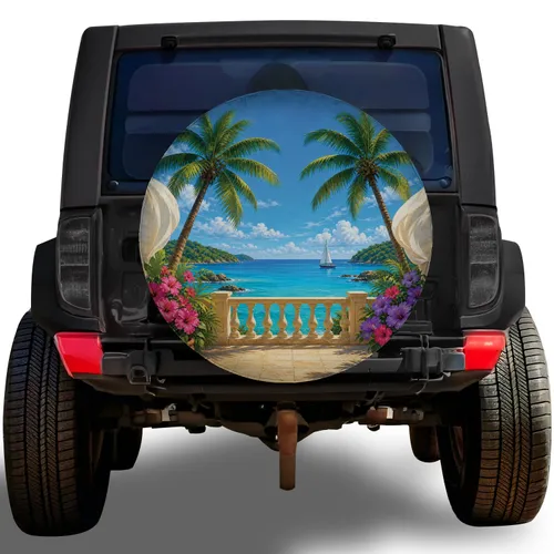 Tropical Balcony Ocean View With Palms And Hibiscus For Beach RV Travel Adventures Spare Tire Cover