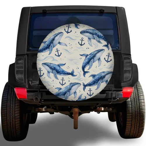 Watercolor Humpback Whales And Anchors For Coastal RV Travel And Ocean Adventures Spare Tire Cover