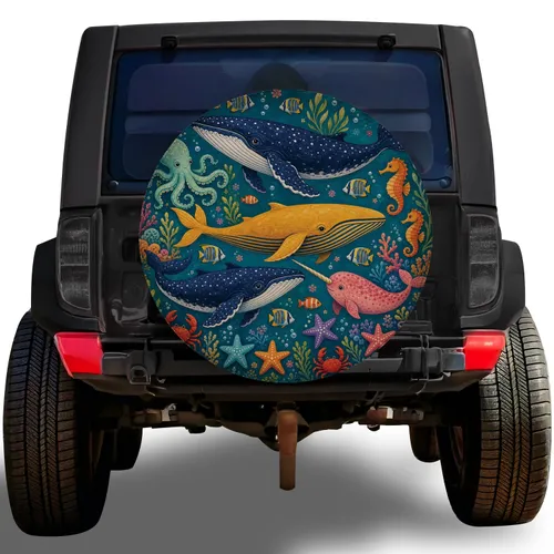 Colorful Whale Narwhal Ocean Animals for Beach Camping RV Trailer Travel Adventure Spare Tire Cover