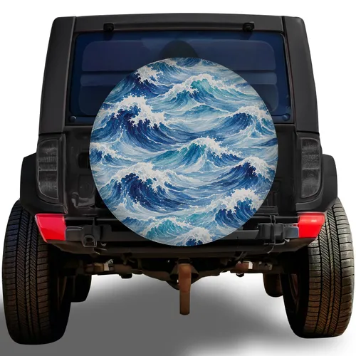 Ocean Waves Watercolor Nautical Coastal Adventure Style For RV And Camping Lovers Spare Tire Cover