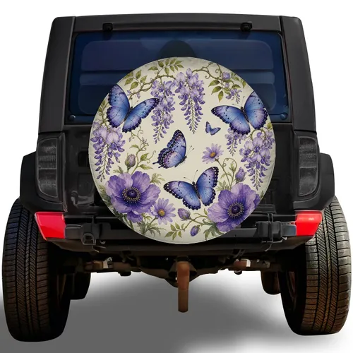 Purple Wisteria And Blue Butterfly Garden For RV Camping Trailer Travel Lovers Road Trips Spare Tire Cover