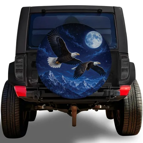 Bald Eagles Under Full Moon Over Snowy Mountains For RV Camping And Outdoor Travel Spare Tire Cover