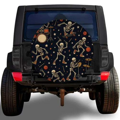 Vintage Halloween Skeleton Drummer Skateboard Basketball Art For Music Sports Fans Spare Tire Cover
