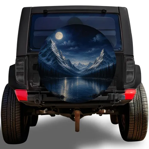 Moonlit Alpine Lake And Snowy Mountain Scene for RV Camping and Overland Adventure Lovers Spare Tire Cover