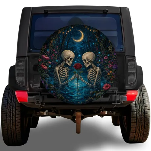 Skeleton Couple Holding Red Rose Under Moon In Enchanted Forest For Gothic Road Trips Spare Tire Cover