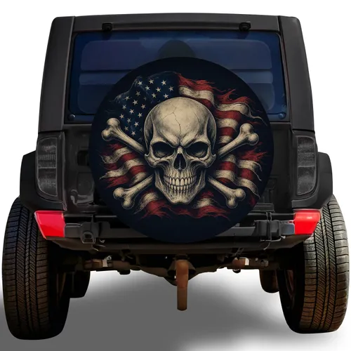 American Flag Skull Gothic Patriotic Road Trip Style for Jeep SUV RV Outdoor Drivers Spare Tire Cover