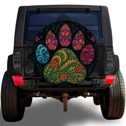 Colorful Boho Paw Mandala For Camping Adventures Dog Lovers And Outdoor Road Travel Spare Tire Cover