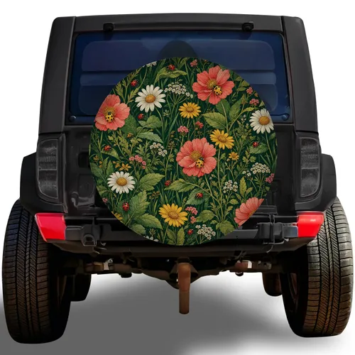 Forest Wildflower Ladybug Garden for RV Camping and Outdoor Road Trip Enthusiasts Spare Tire Cover