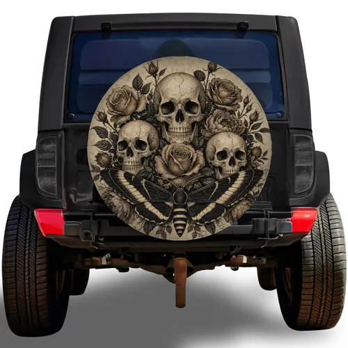 Vintage Skull Moth Roses Gothic Road Trip Style For RV Trailer SUV Camper Owners Spare Tire Cover