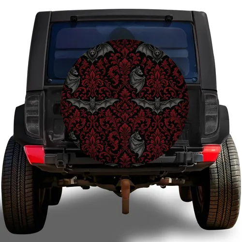 Gothic Bats And Oxblood Damask For Halloween Road Trips And Dark Aesthetic Drivers Spare Tire Cover
