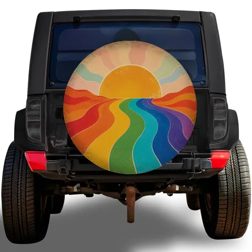 Retro Half Sun Wavy Rainbow Landscape for Camping Road Trips RV Travel Adventure Spare Tire Cover