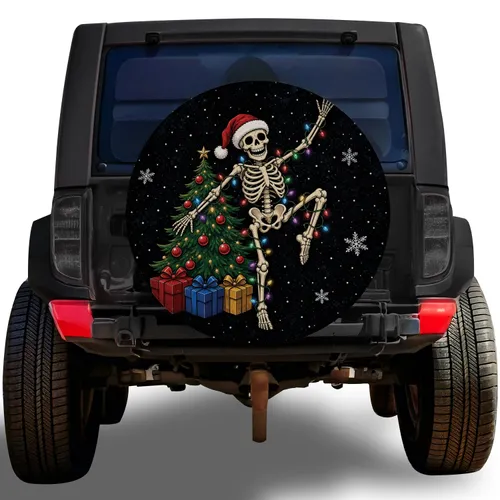 Christmas Dancing Skeleton With Santa Hat For Festive Winter Road Trips And Campers Spare Tire Cover