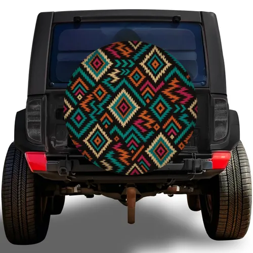 Southwestern Ikat Geometric Diamonds for Road Trips, RV Camping and Boho Adventures Spare Tire Cover