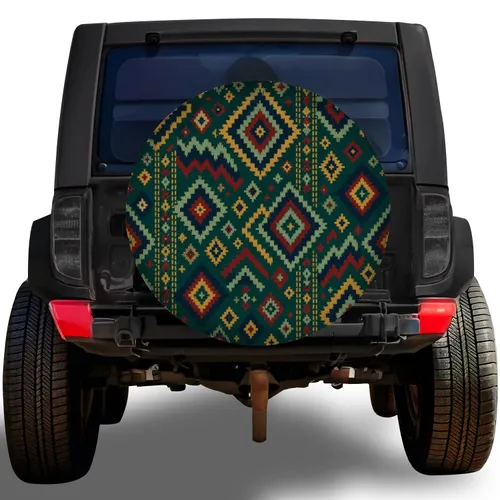Deep Teal Ikat Geometric Woven Textile Motif for Boho RV Camping Travel Lovers Spare Tire Cover