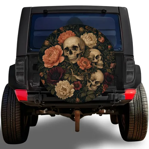 Vintage Gothic Skull And Peony Garden Decor For Dark Cottage Road Trip Enthusiasts Spare Tire Cover