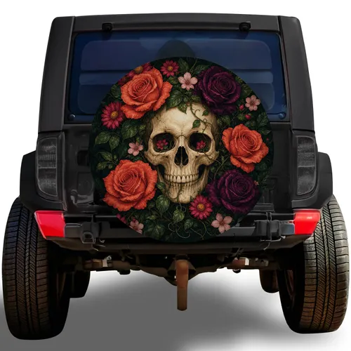 Botanical Skull With Roses For Gothic Outdoor Camping Adventures And RV Travelers Spare Tire Cover