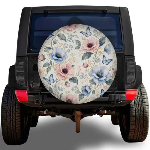 Watercolor Wildflowers And Blue Butterflies For Garden Camping RV Travel Fans Spare Tire Cover