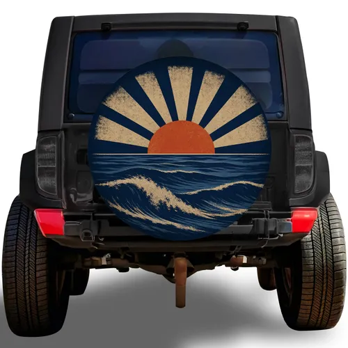 Retro Coastal Sunrise Ocean Waves For Beach Camping And Outdoor Road Trip Adventures Spare Tire Cover