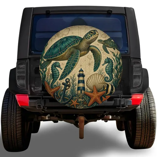 Vintage Sea Turtle Nautical Marine Life For Coastal RV Camping And Beach Road Trips Spare Tire Cover