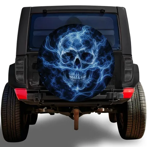Luminous Blue Smoke Skull Gothic Road Trip Style For RV SUV Truck Camping Enthusiasts Spare Tire Cover