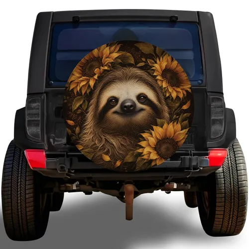Gentle Sloth And Sunflowers Rustic Autumn Nature Art For Jeep RV Camper Travel Lovers Spare Tire Cover