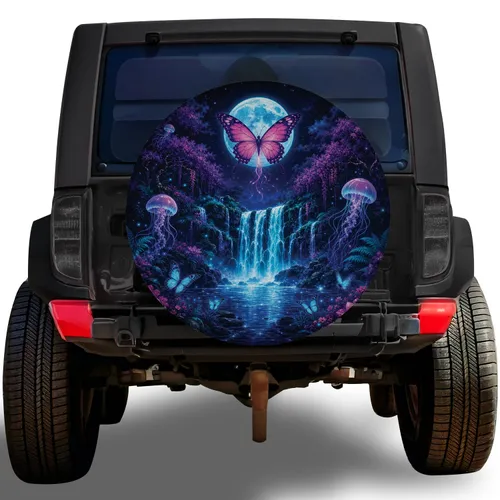 Moonlit Waterfall Butterfly Nightscape for RV Camping and Outdoor Travel Adventure Spare Tire Cover