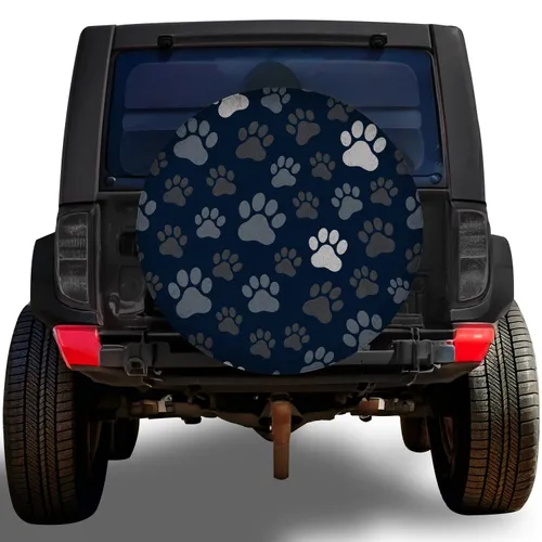 Navy And Silver Paw Tracks For Outdoor Road Trips, Camping, And Dog Loving Drivers Spare Tire Cover