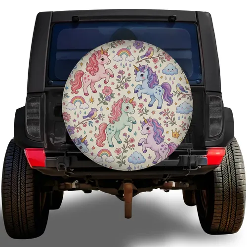 Pastel Unicorns, Flowers And Rainbows For RV Camping, Road Trips And Trailer Travel Spare Tire Cover