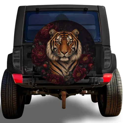 Majestic Bengal Tiger Portrait With Red Peonies For RV Camping Wildlife Lovers Gift Spare Tire Cover