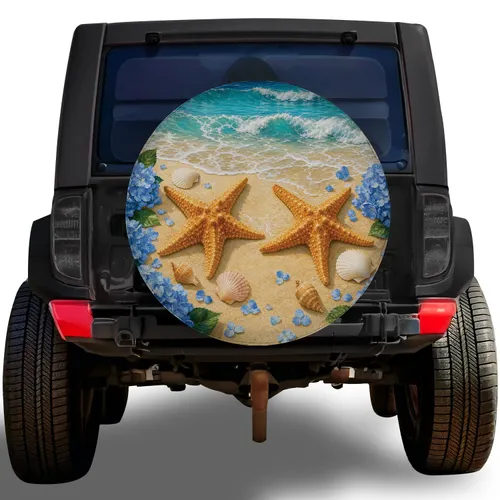 Starfish Seashell Ocean Waves Hydrangea Beach Theme For Coastal RV Camping Adventures Spare Tire Cover