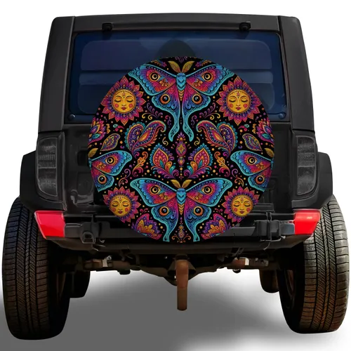Colorful Luna Moth Celestial Folk Art for Boho Road Trips and Outdoor Adventure Lovers Spare Tire Cover