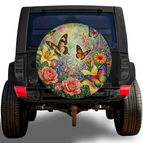 Watercolor Floral Butterfly Garden For RV Camping Road Trips And Outdoor Nature Lovers Spare Tire Cover